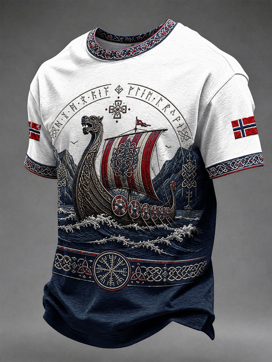 Retro t-skjorte i nordisk stil med norsk kunsttrykk til herre