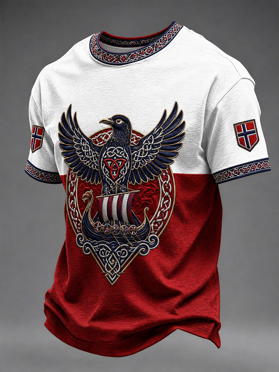 Herrerens retro t-skjorte i nordisk stil med norsk kunsttrykk