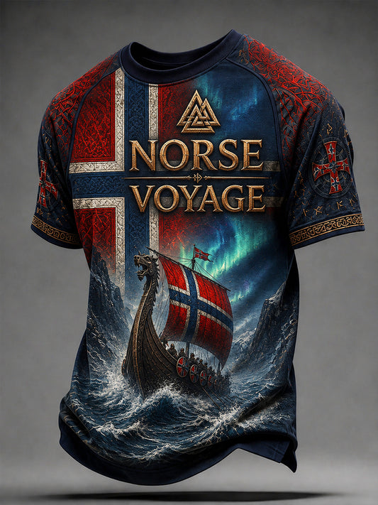 Retro t-skjorte i nordisk stil med norsk kunsttrykk til herre