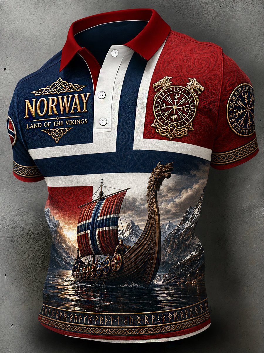 Menns retro poloskjorte i nordisk stil med norsk kunsttrykk