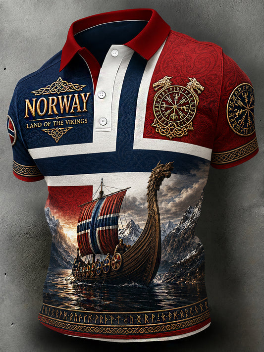 Herre retro polotrøye i nordisk stil med norsk kunsttrykk