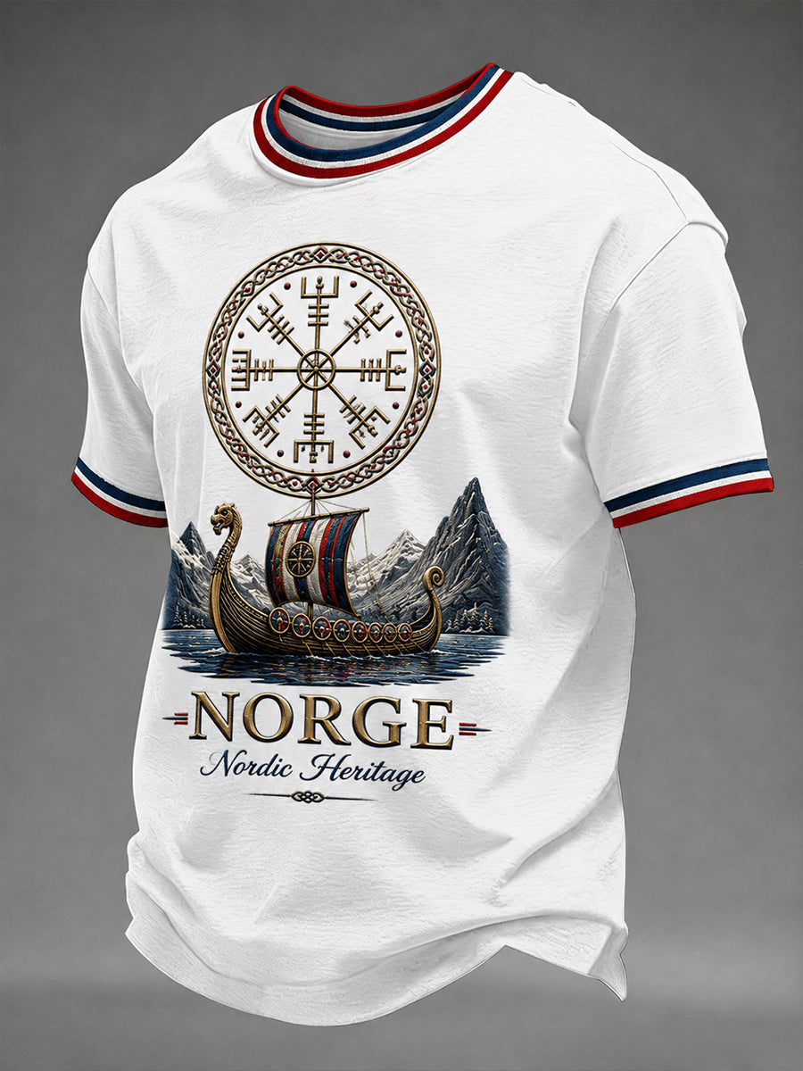 Herrerens retro t-skjorte i nordisk stil med norsk kunsttrykk