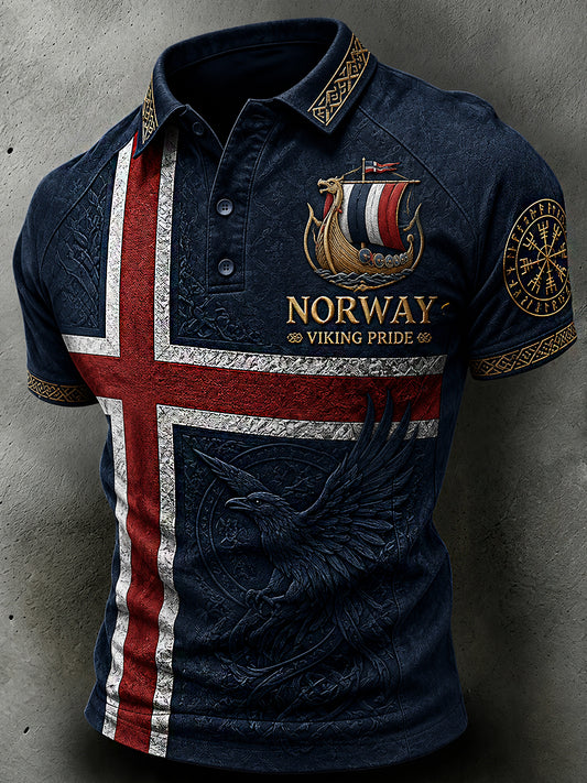 Menns retro poloskjorte i nordisk stil med norsk kunsttrykk