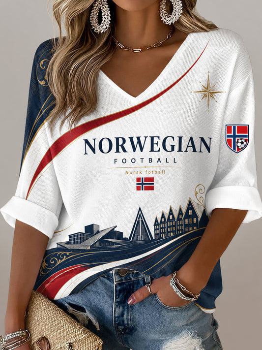 Damers Norge-fotballkamp heier-kunsttrykk V-hals topp