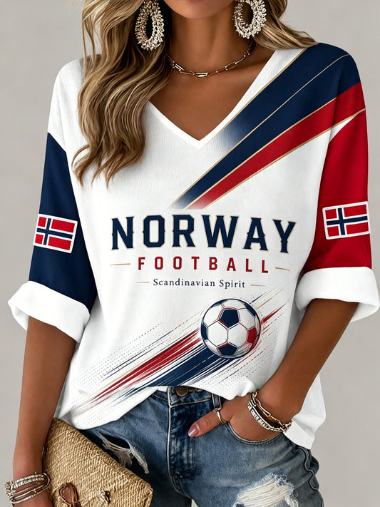 Damers Norge-fotballkamp heier-kunsttrykk V-hals topp