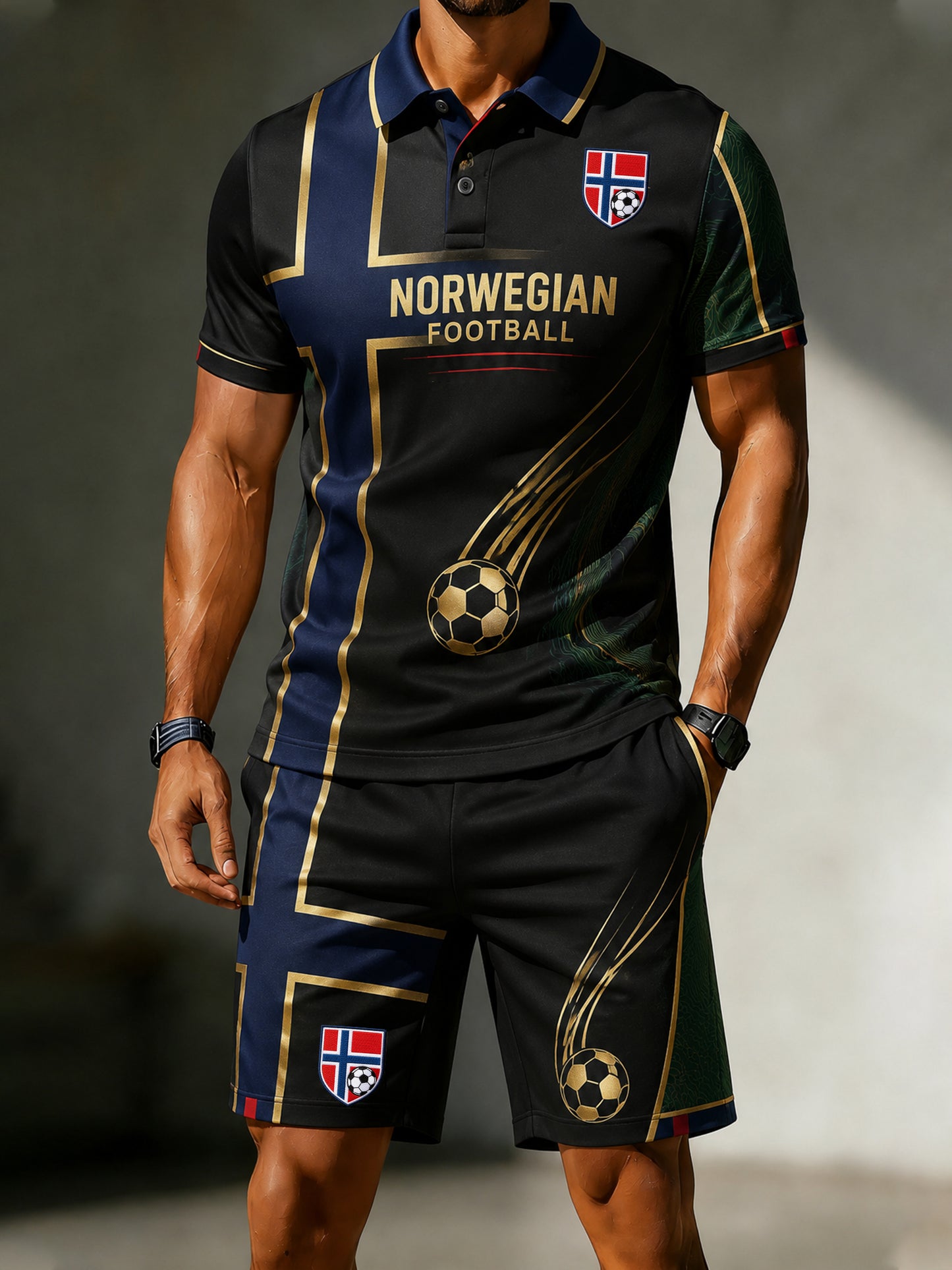Menns Norge-fotballkamp-heiarop kunsttrykk polo-sett
