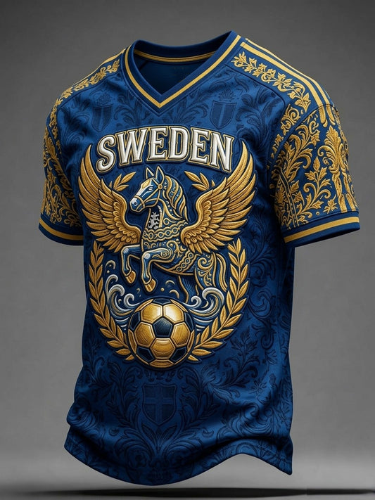 Menns Retro Svensk fotball elsker 2026 Trykt uformell V-hals T-skjorte