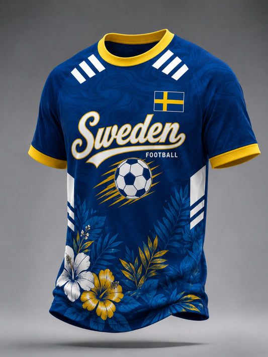 Herregenser med kunstnerisk trykk med svensk fotballflagg-tema
