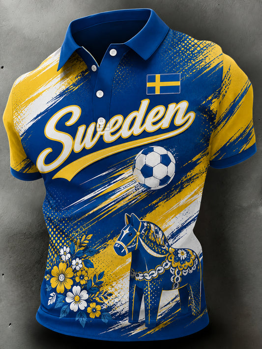 Herrepolo med kunstnerisk trykk i det svenske fotballflagget