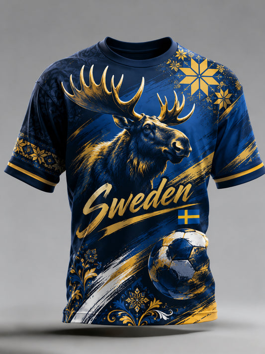 Herregenser med kunstnerisk trykk med svensk fotballflagg-tema