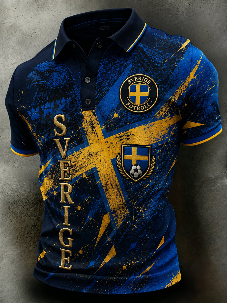 Retrodammskott för män – tryckt avslappnat polotröja med svensk fotbollskonst