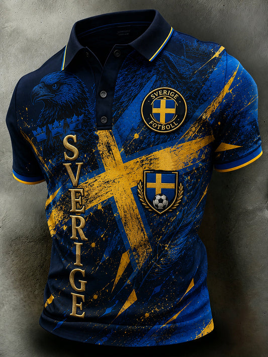 Retroskjorte for menn – avslappet trykt pikétrøye med svensk fotballkunst