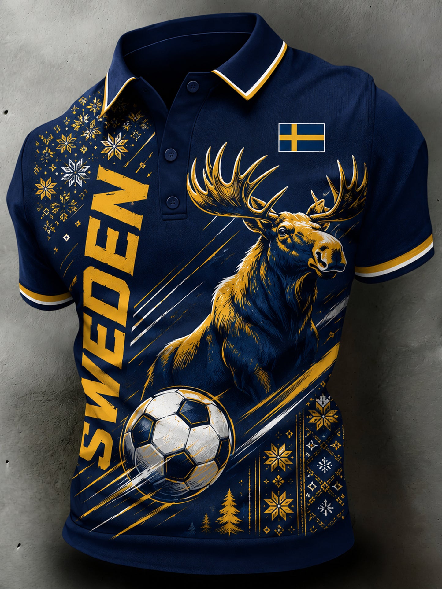 Herrpolo med konstnärlig tryck i svenska fotbollsfärgerna