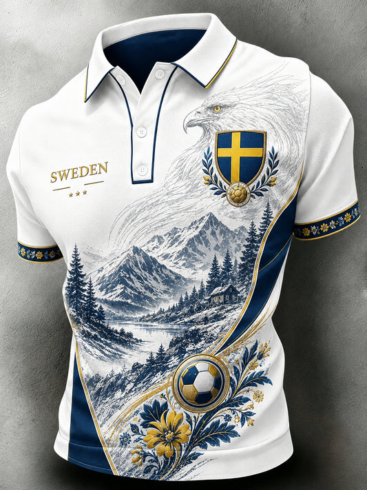 Retroskjorte for menn – avslappet trykt pikétrøye med svensk fotballkunst