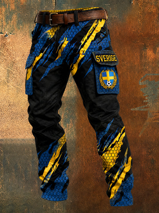 Retro joggebukse for menn med svensk fotballskjermtrykk, uformelle cargobukser