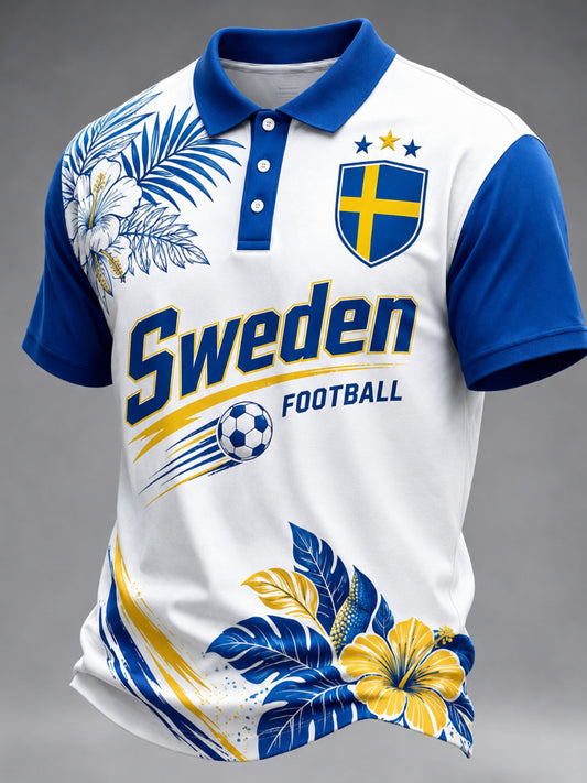Herrepolo med kunstnerisk trykk i svenske fotballfarger