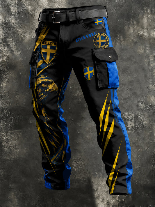 Retro joggebukse for menn med svensk fotballskjermtrykk, uformelle cargobukser