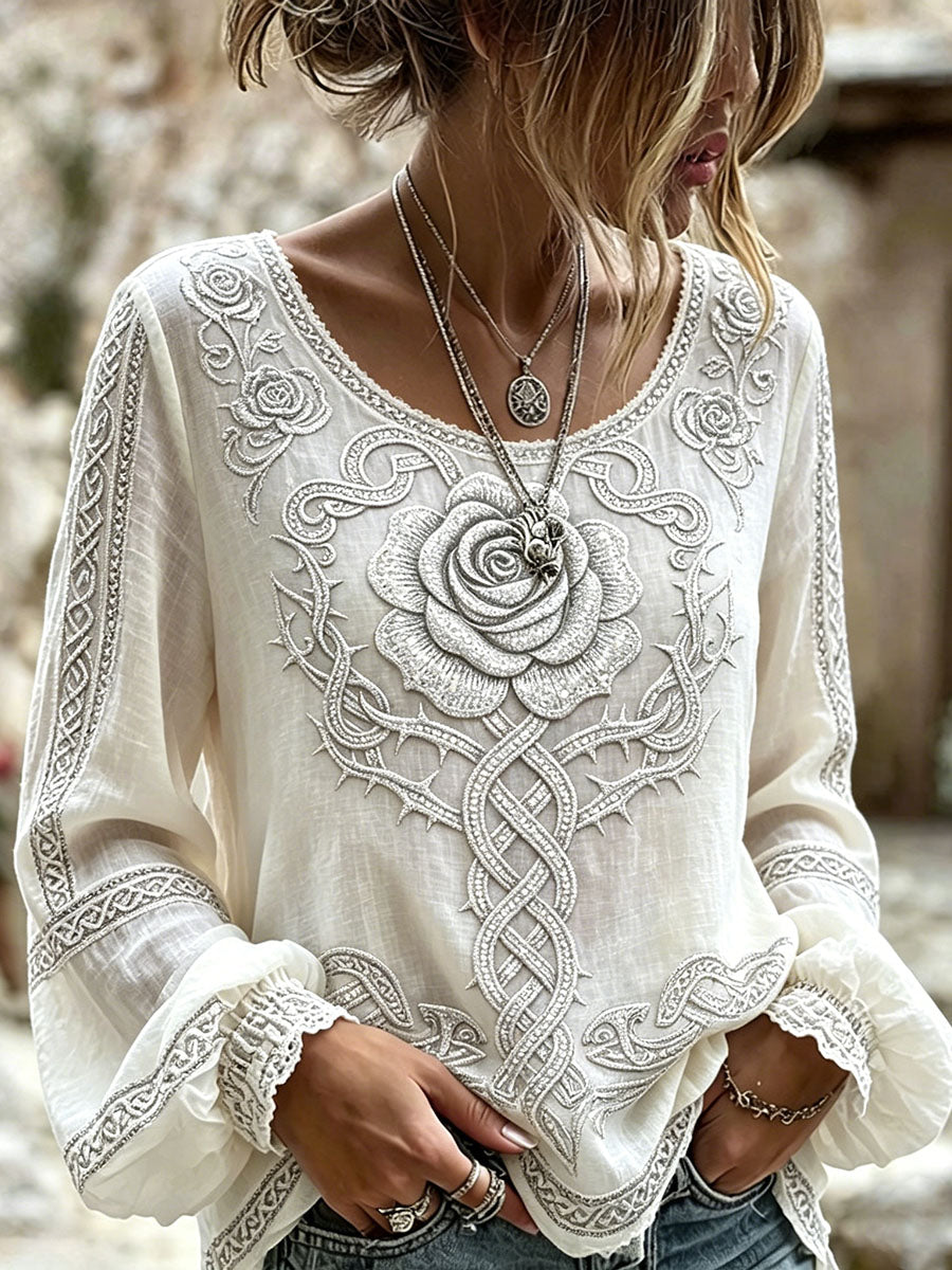 Kvinnors viking keltiska knop Rose Print bomull-Linen skjorta