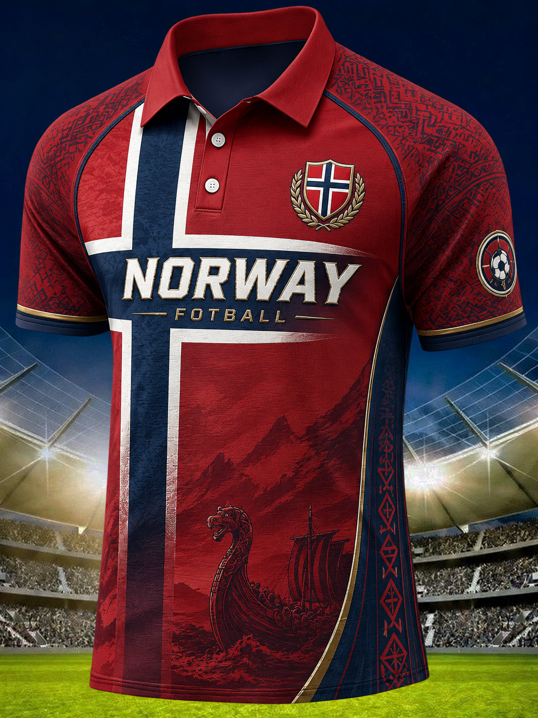 Herre-Viking-fotballtrykk raglanmousskortermet poloskjorte