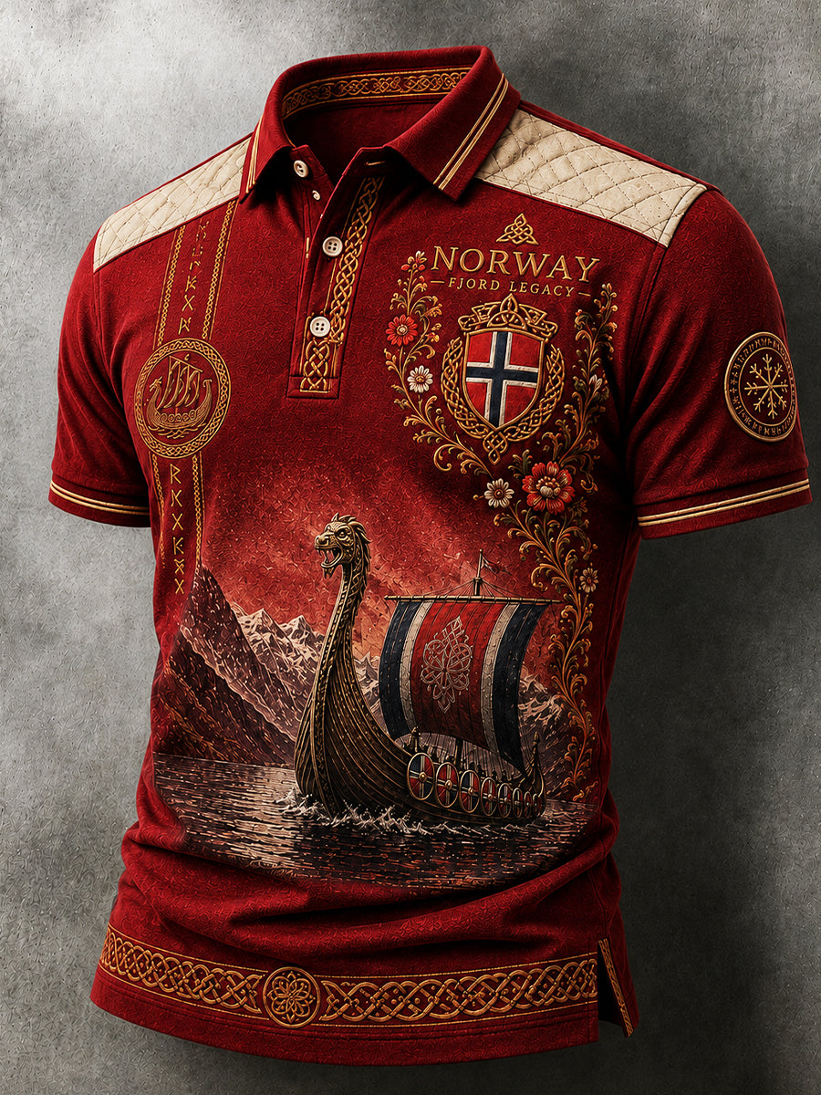 Menns retro poloskjorte i nordisk stil med norsk kunsttrykk
