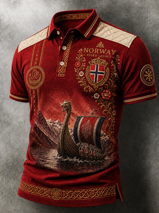 Herre retro polotrøye i nordisk stil med norsk kunsttrykk