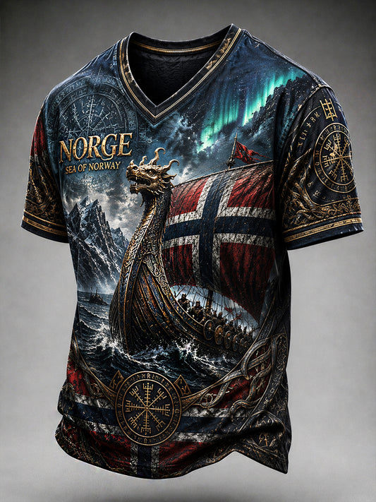 Retro T-skjorte med nordisk kunsttrykk for menn
