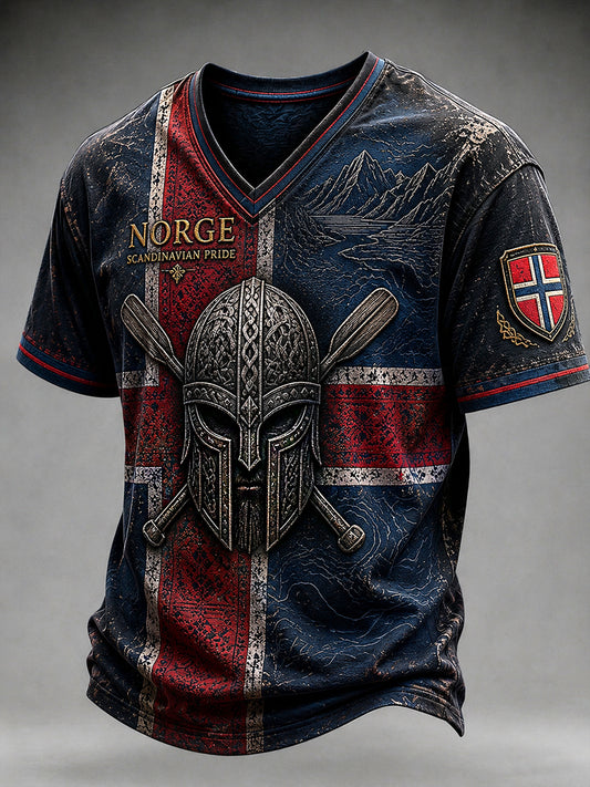 Retro T-skjorte med nordisk kunsttrykk for menn