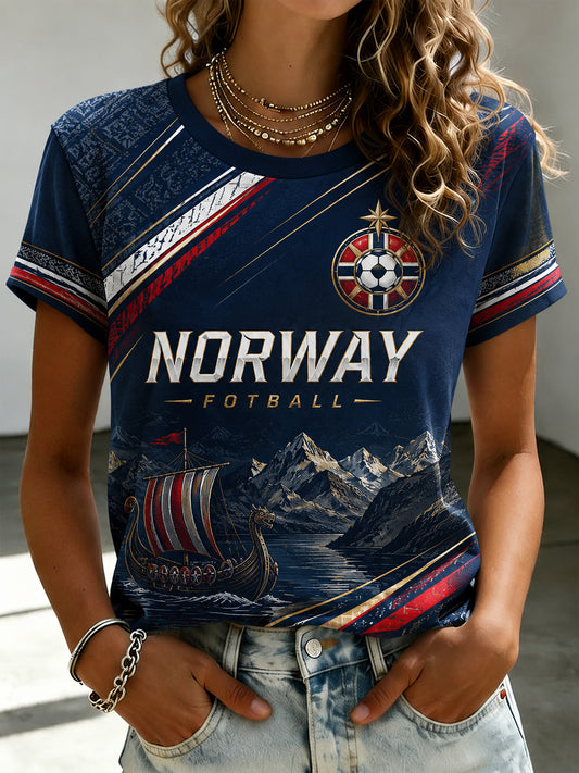 Dame-T-skjorte med kort erme og vikingfotballtrykk