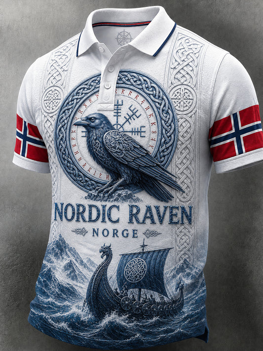 Herre retro polotrøye i nordisk stil med norsk kunsttrykk