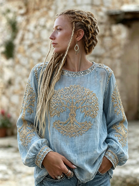 Kvinner Klassisk Vintage Viking Livets tre Glittertrykk Bomull-Lin Genser