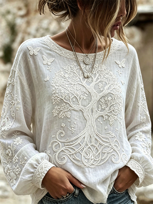 Kvinner Vikings Tree of Life Sommerfugler Blomstertrykk Bomull-Lin Bluse