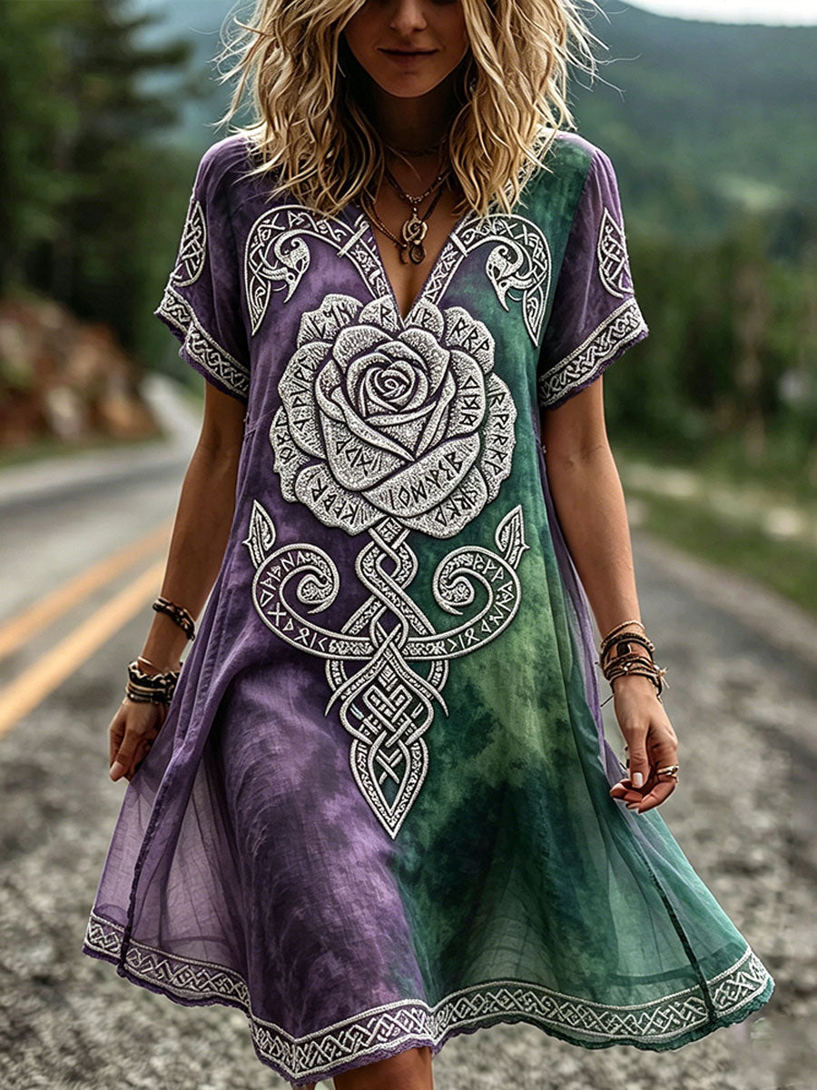 Kvinnors Viking Celtic Rose Gradient Skriv ut kort ärm Mini klänning