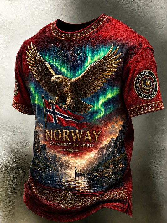 Retro T-skjorte med nordisk kunsttrykk for menn