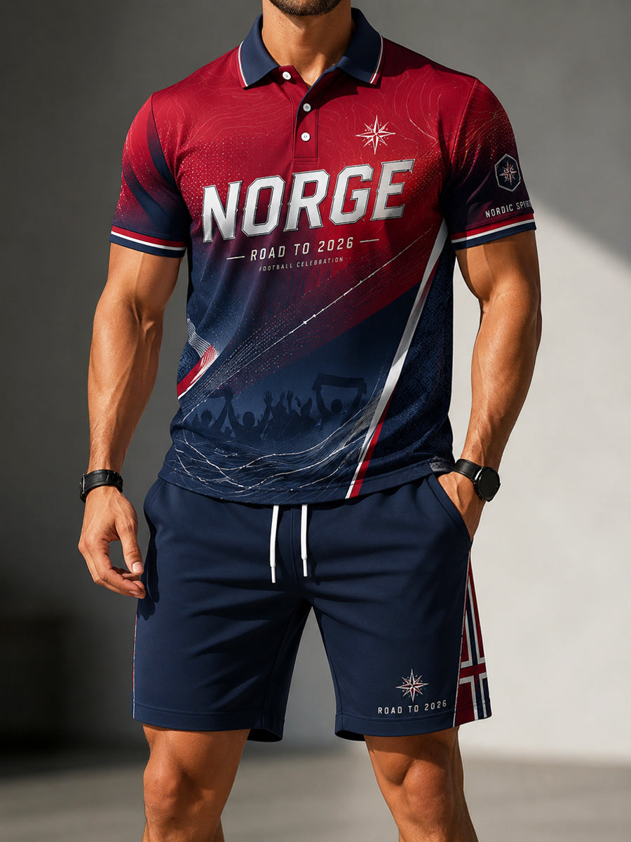 Retro norsk fotballgradient fritidspolo og shortssett