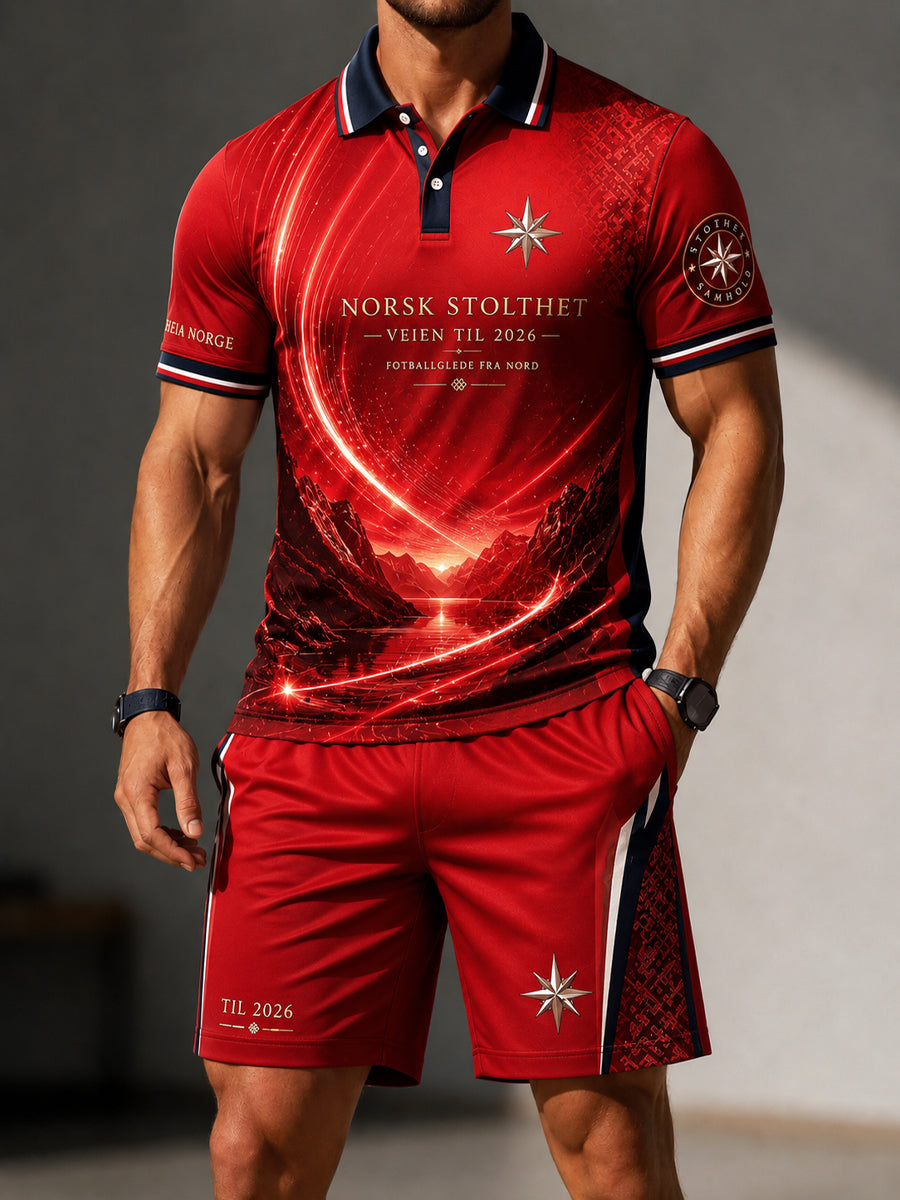 Retro norsk fotballfritidssett med poloskjorte og shorts