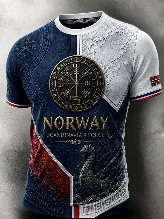 Retro t-skjorte i nordisk stil med norsk kunsttrykk til herre