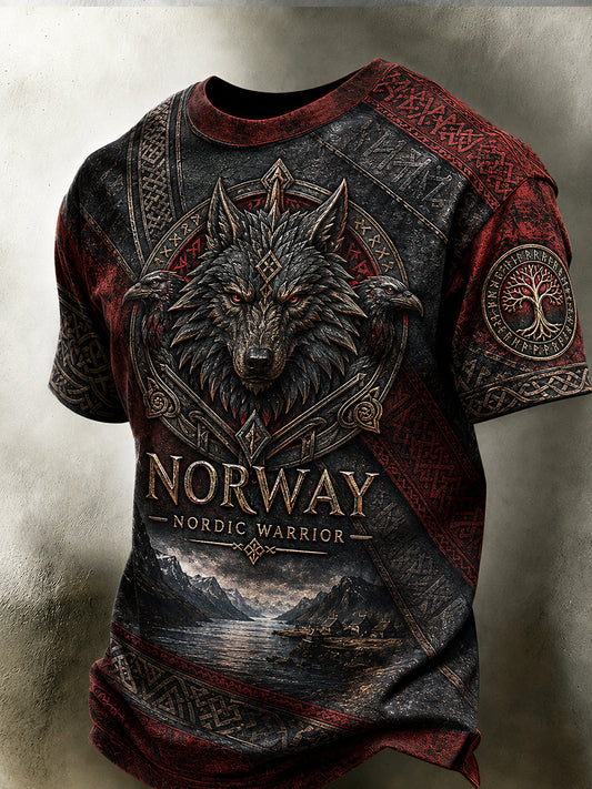 Retro T-skjorte med nordisk kunsttrykk for menn