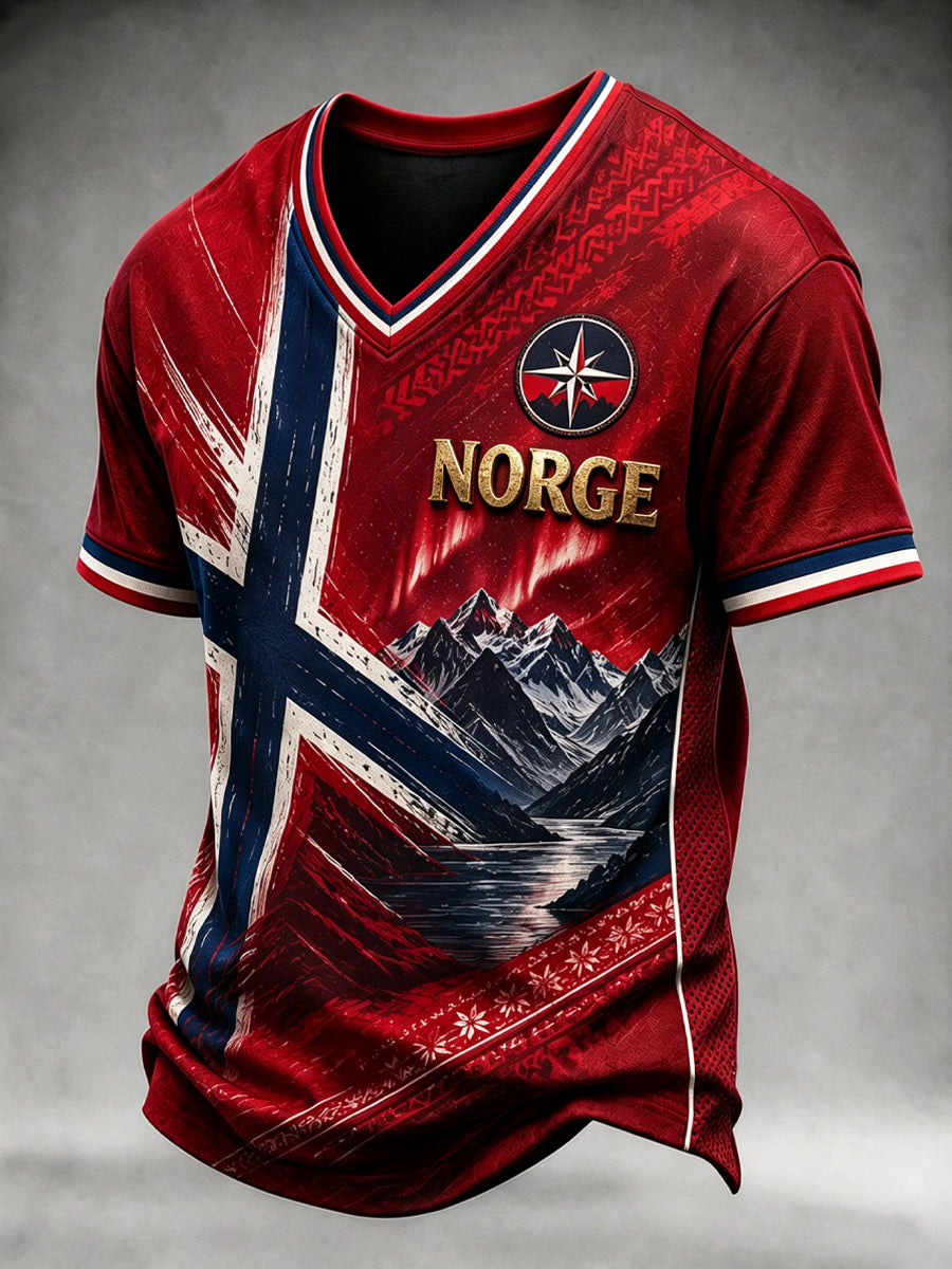 Retro norsk fotballfritids-T-skjorte med V-utringning