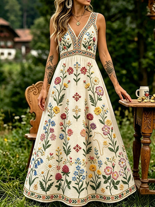 Retro Svensk Midsommer Folkelig Blomstrete Bomull-Lin Kjole til Damer