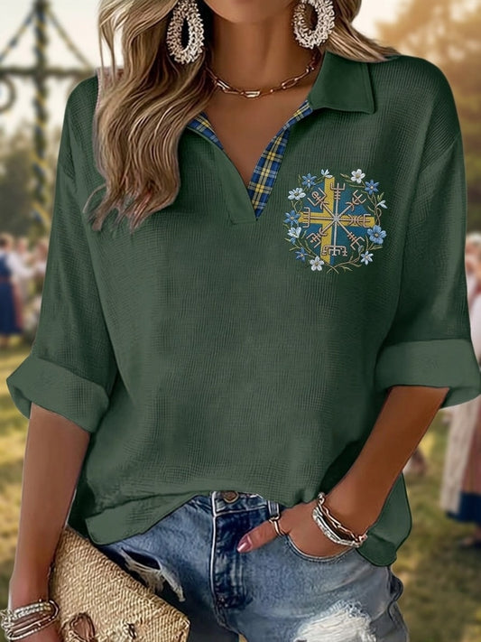 Dams Retro Svensk Midsommar Blomster V-hals Topp