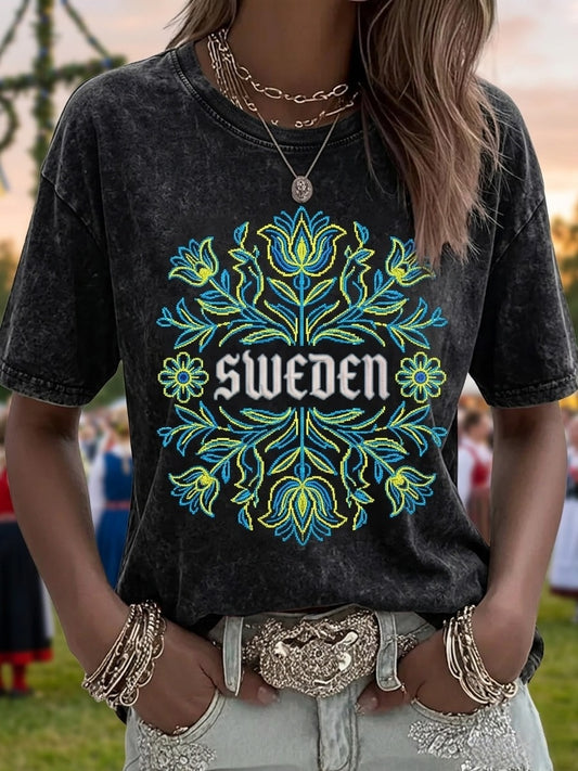 Kvinner Retro Svensk Midtsommer Folkelig Blomstret T-skjorte med Korte Ermer