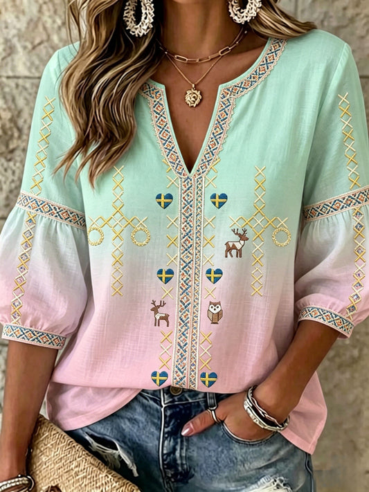 Dame Retro Svensk Midtsommer Folkeinspirert Bluse i Bomull-Lin