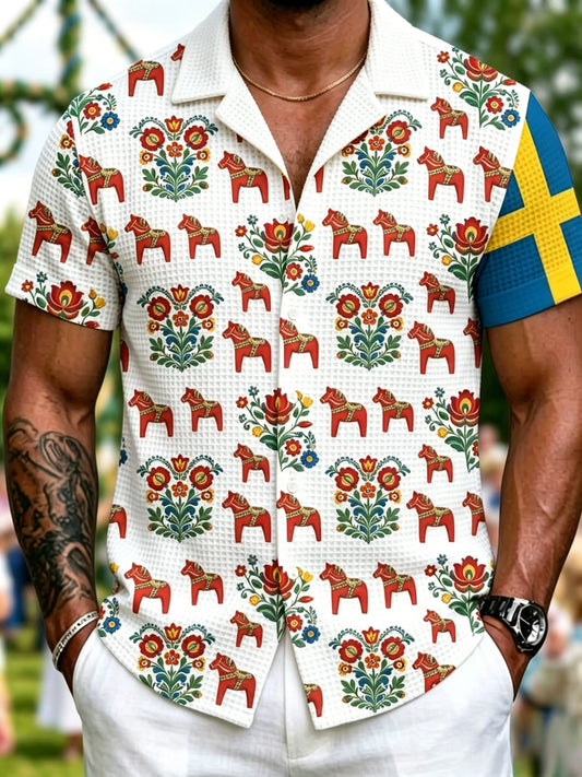 Herre retro svensk midtsommer blomstermønstret vaffelgenser med korte ermer