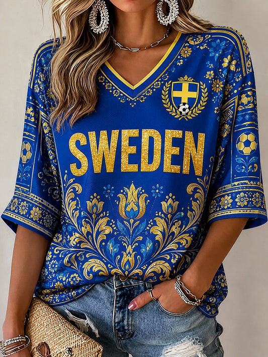 Retro nordisk-svensk fotballfanart-print avslappet topp