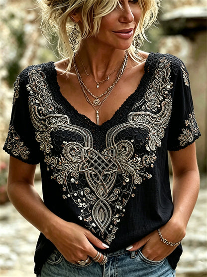 Kvinnliga Viking Celtic Knot Konst Print linne kortärmade T-shirta