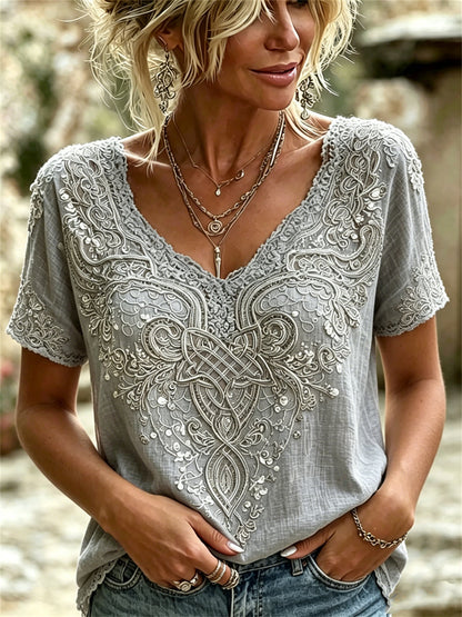 Kvinnliga Viking Celtic Knot Konst Print linne kortärmade T-shirta