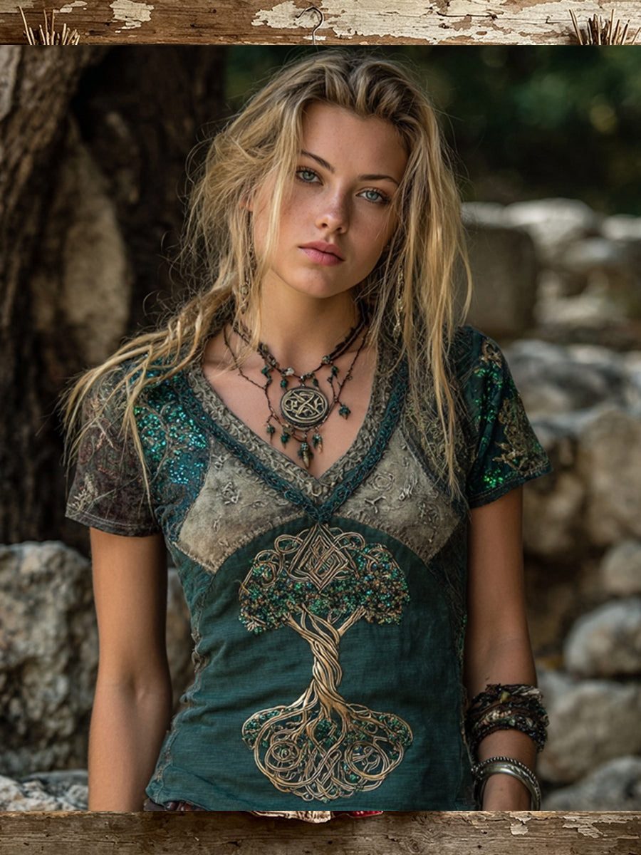 Kvinnors Vintage Viking Tree Life Celtic Print Short-T-shirt
