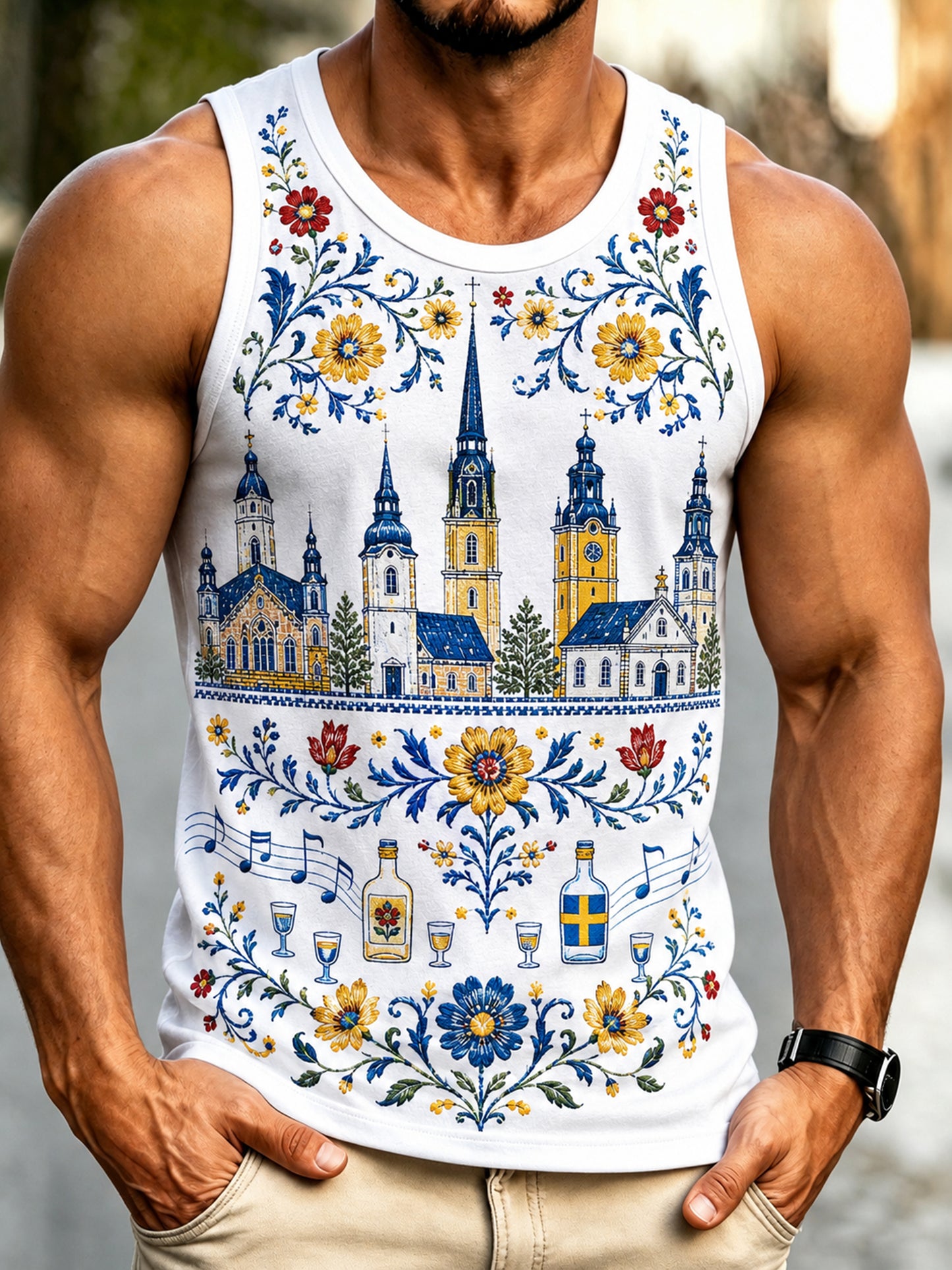 Manslig konstnärlig tanktopp med motiv från den svenska midsommar- och nationaldagen