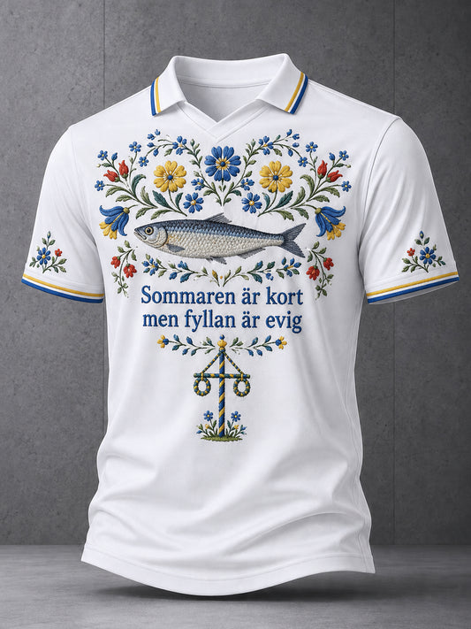 Herregenser med V-hals og kunstnerisk trykk: Svensk midtsommer- og nasjonaldagsminneutgave