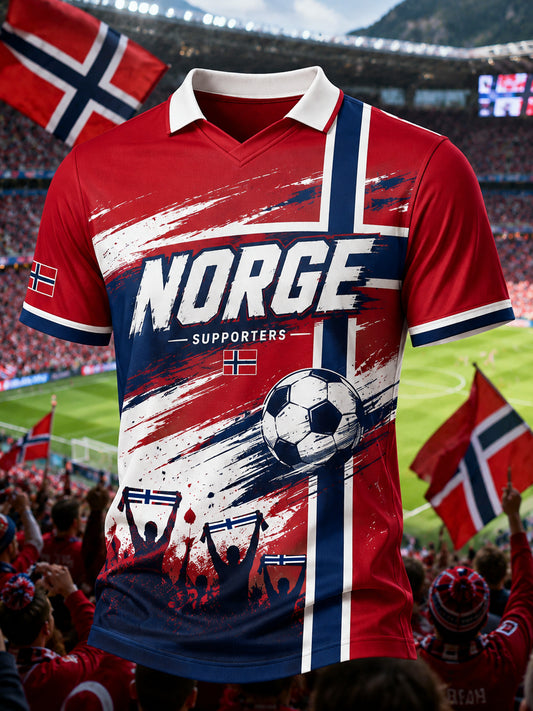 Herre-T-skjorte med V-hals og norsk fotballfankultur og kunsttrykk